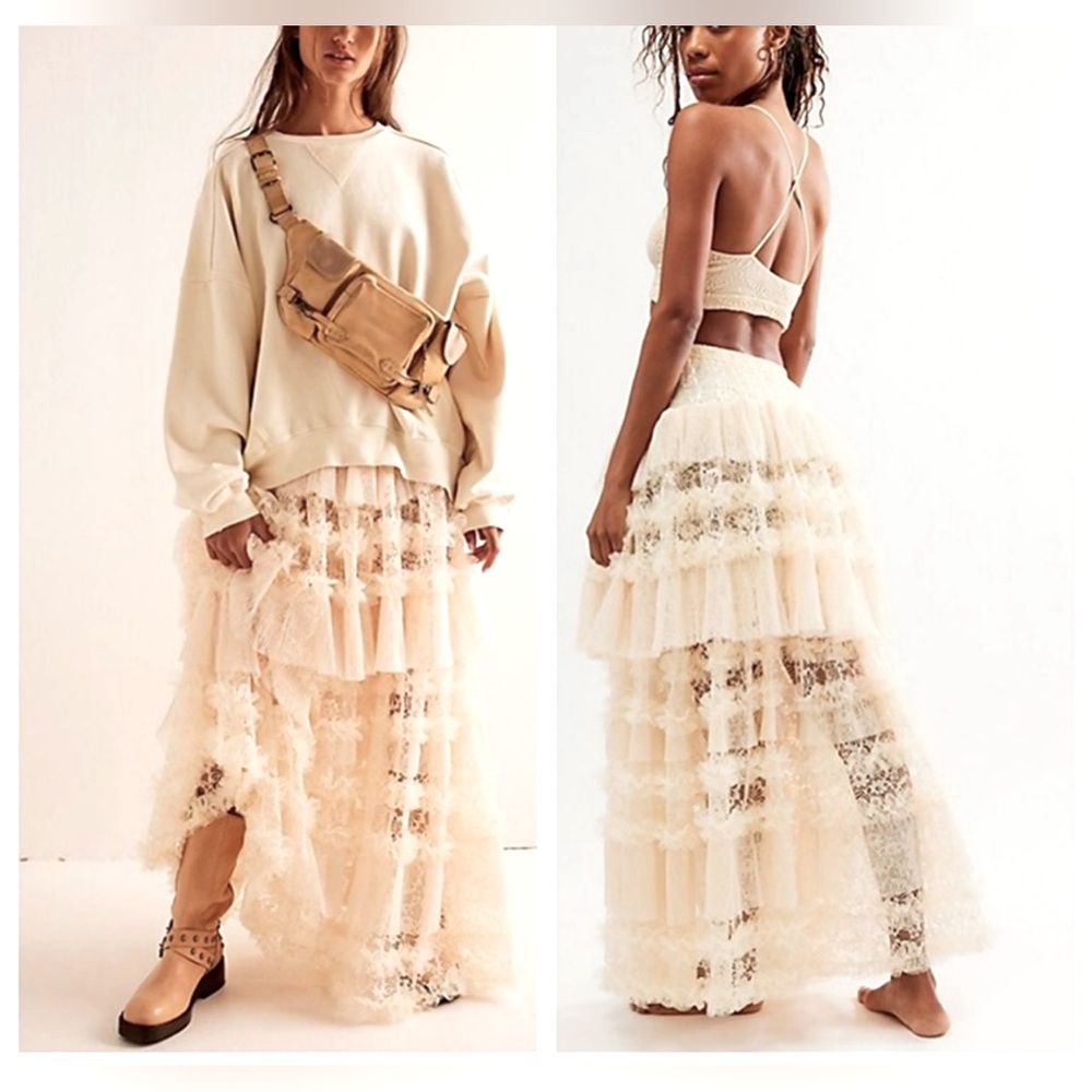 Sold Out $168 Free People Turn It Up Half Tulle Lace Tiered Maxi Skirt XS